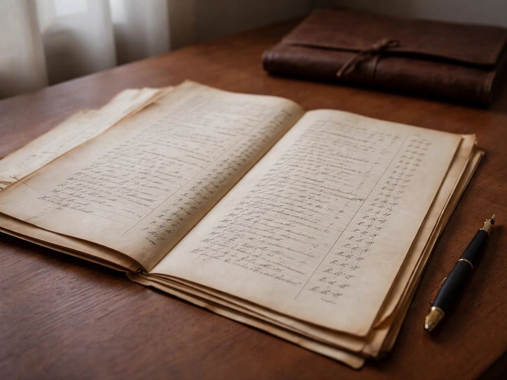 Sepia handwriting estate inventory papers and a brass pen on a wooden desk under natural light.