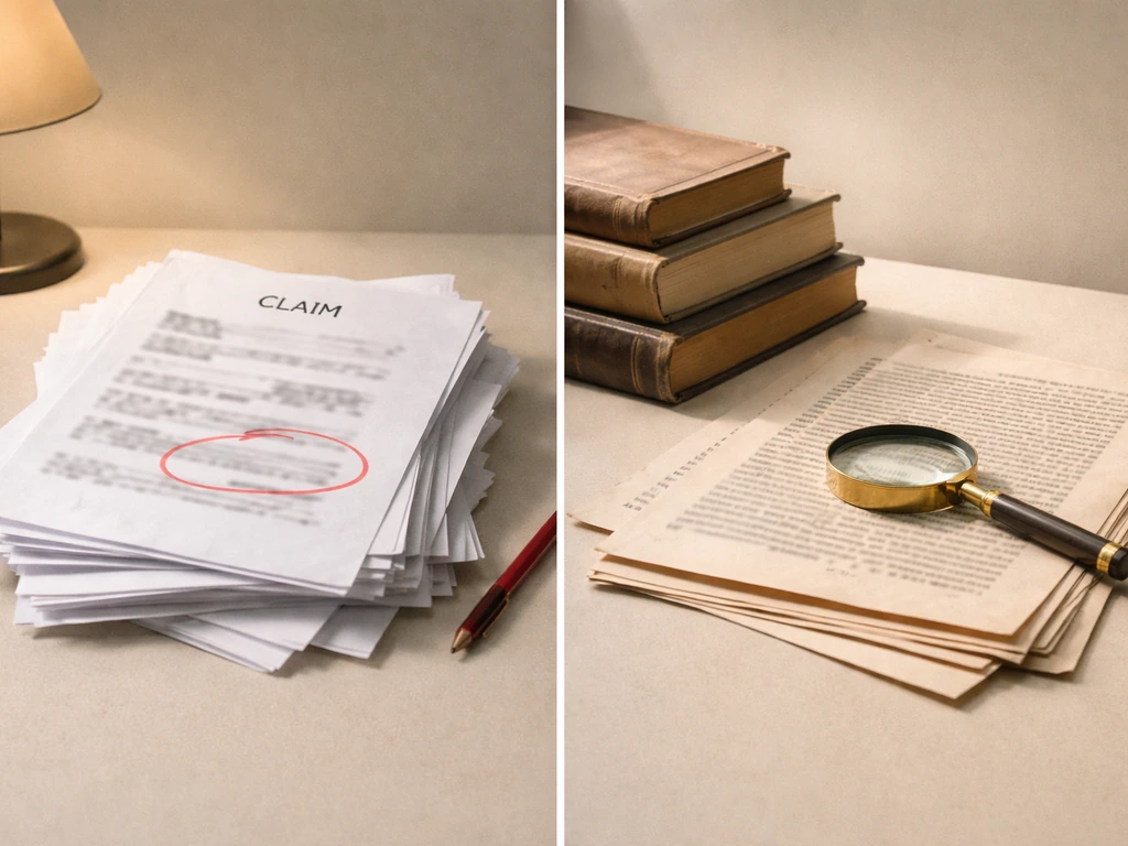 Split scene showing fake net-worth claims versus credible research references, symbolized with documents and archival bo