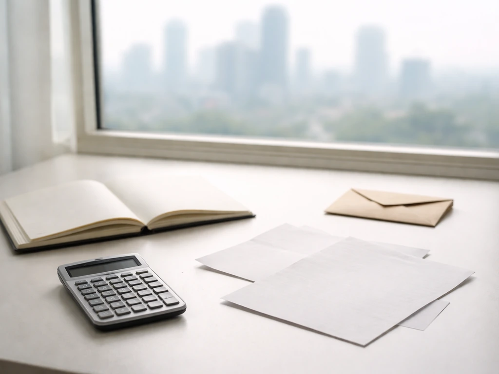 Minimal desk scene with papers, a calculator, and a blurred city window suggesting private-company valuation uncertainty