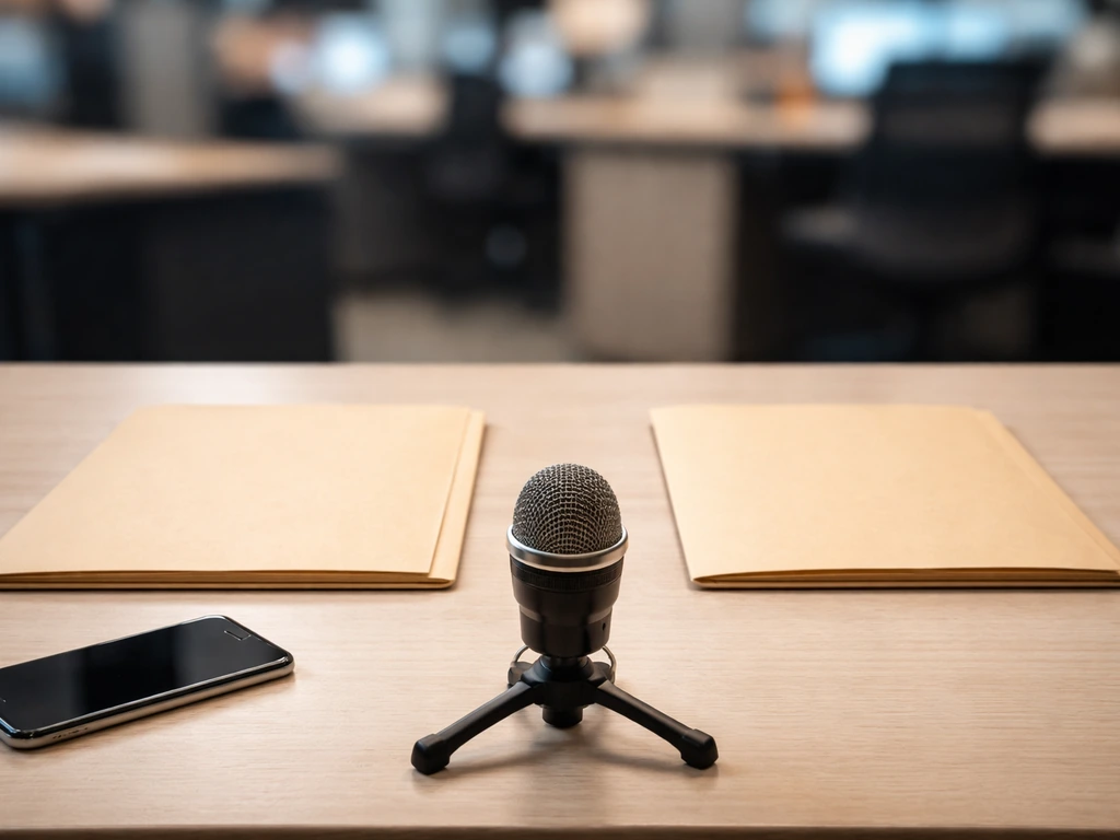 Minimal office desk with two closed folders and a smartphone beside a blurred newsroom-style background