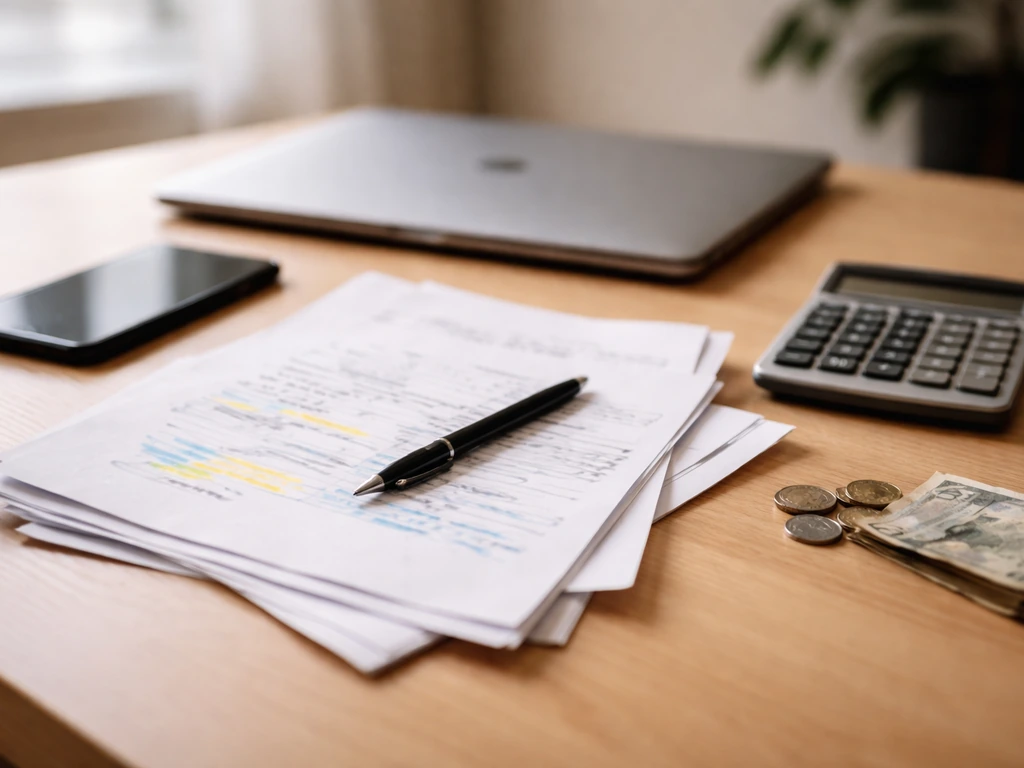 Minimal office desk scene with scattered papers, a calculator, and a blurred laptop showing money-themed reflection.