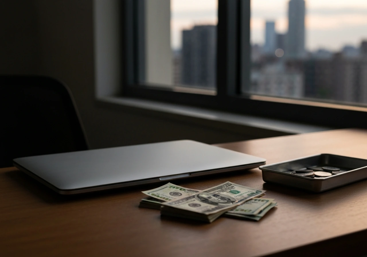 Minimal photo of an anonymous finance desk with a closed laptop, cash, and a blurred city skyline at dusk.