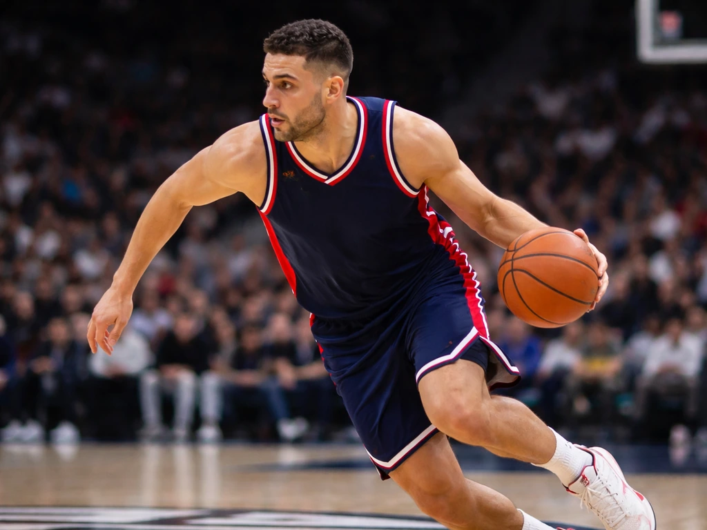 NBA power forward Georges Niang driving to the basket in a team-color jersey on an indoor court.