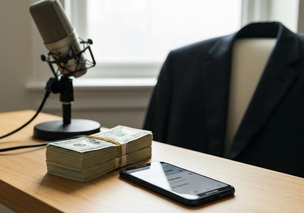 Anonymous tabletop scene with cash, a broadcast microphone, and a phone suggesting athlete endorsements and media income