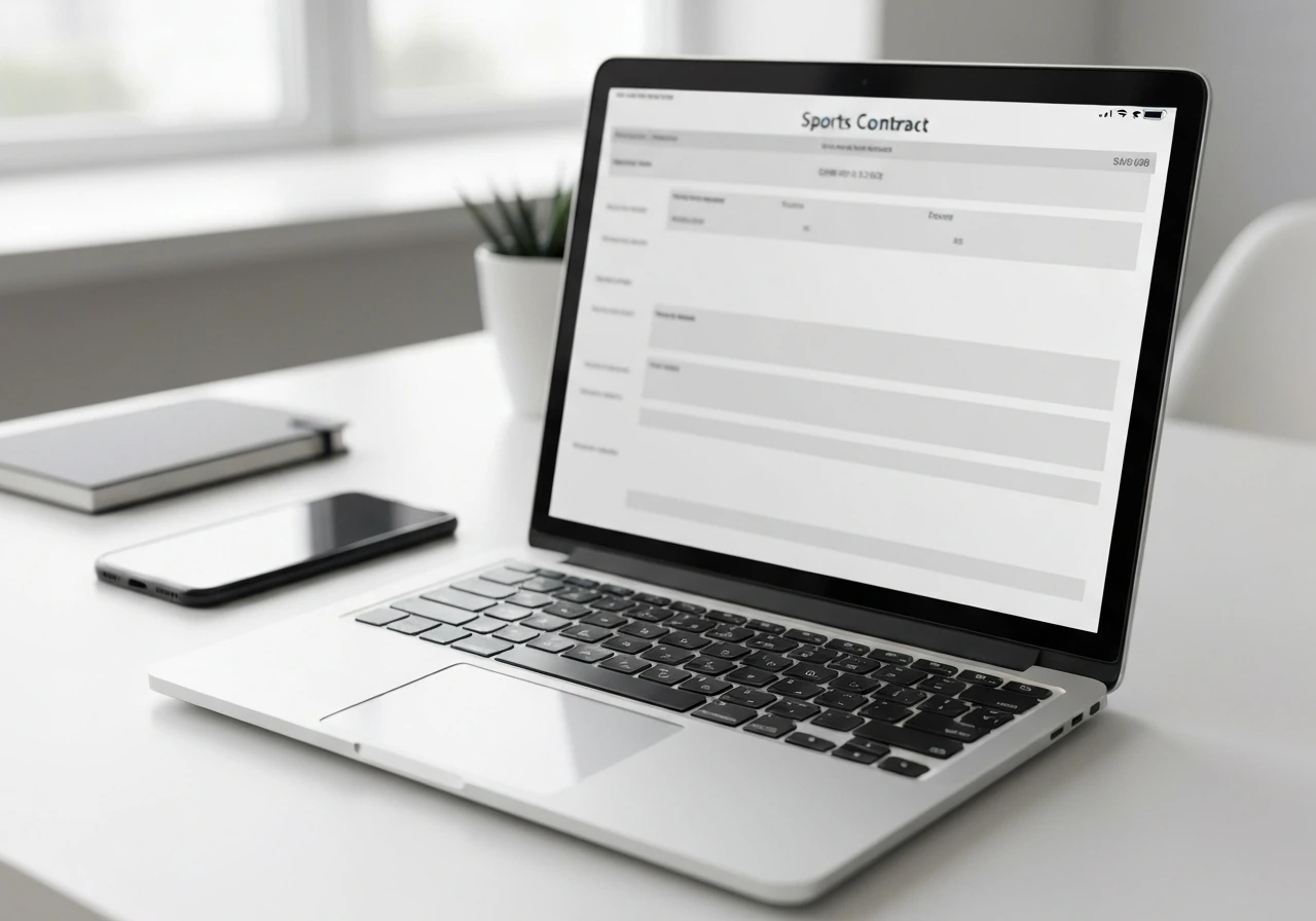 Laptop on a desk showing a blurred contract-page layout, with phone and notebook nearby.