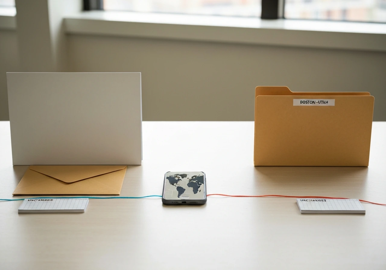 Minimal office desk scene with contract folders, connected timeline thread, and muted logistics map background.