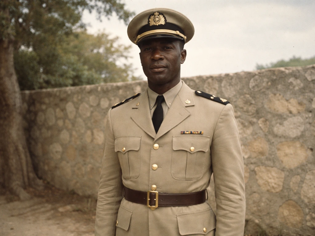 Anonymous military officer in a vintage uniform standing outdoors near a stone wall.