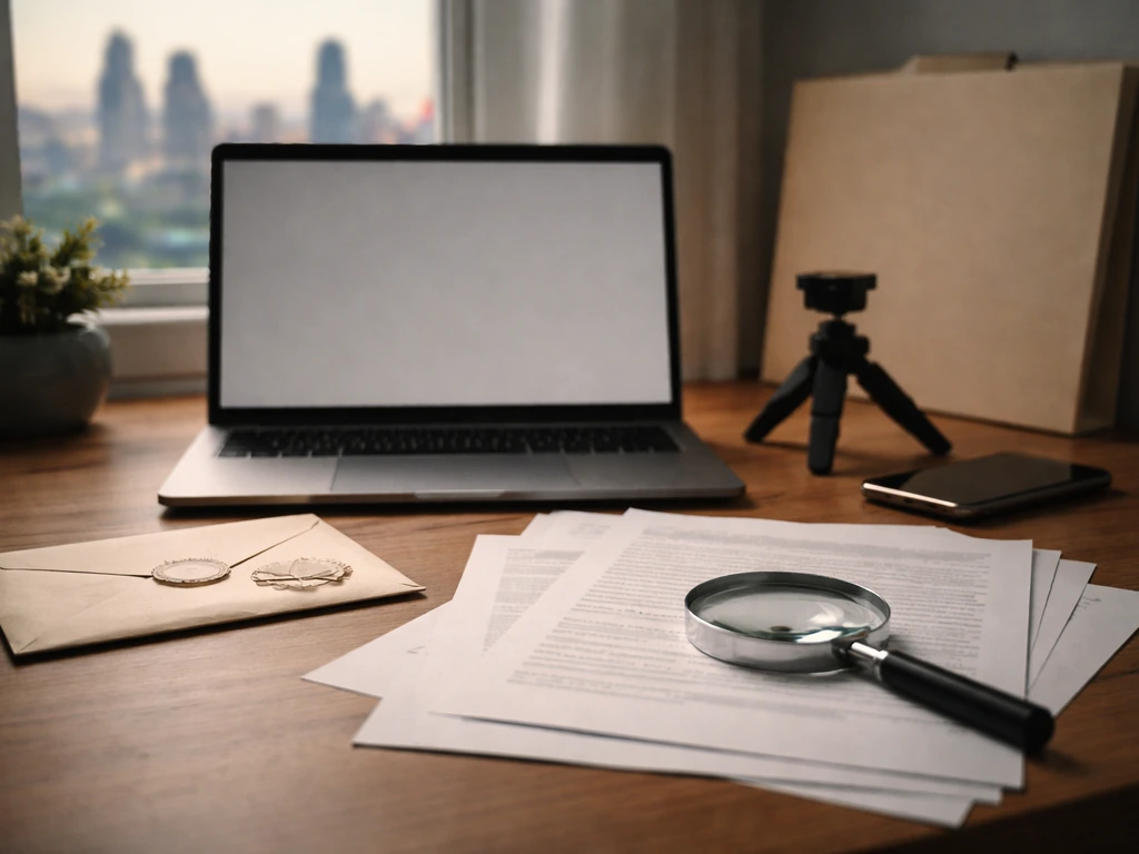 Minimal desk scene with a closed laptop and scattered documents, symbolizing lack of verifiable net-worth sources.