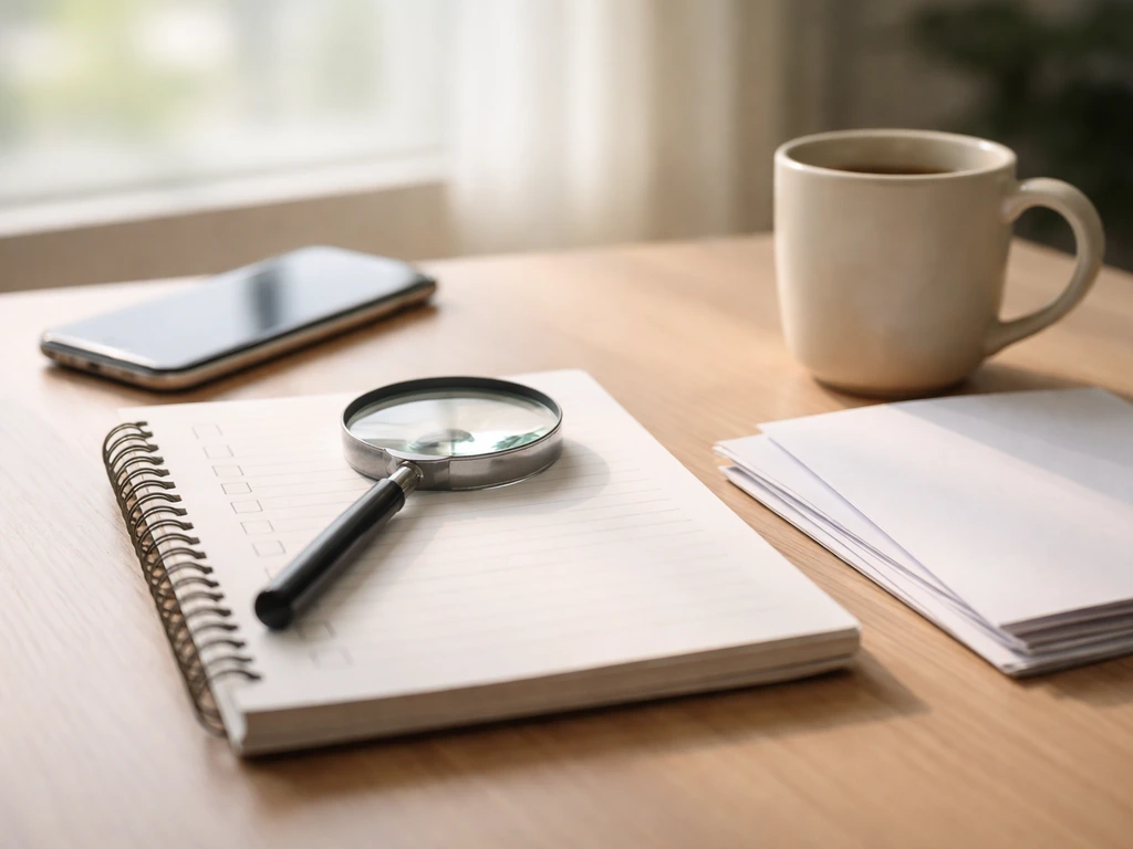 Minimal desk scene with a magnifying glass and blank checklist pages for cross-checking claims