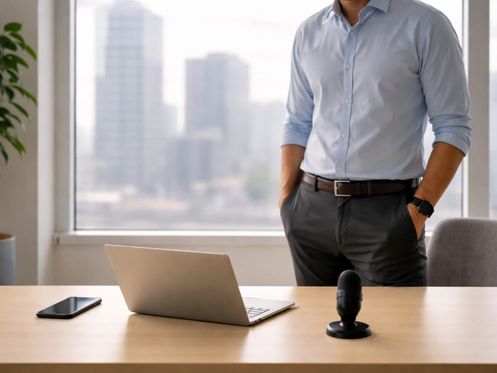 Anonymous business-casual man at a minimalist fintech desk with a small microphone and city view.