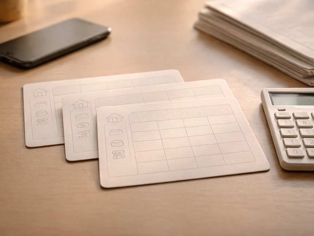 Close-up of blank spreadsheet-like cards, documents, calculator, and phone on a desk symbolizing net worth inputs.