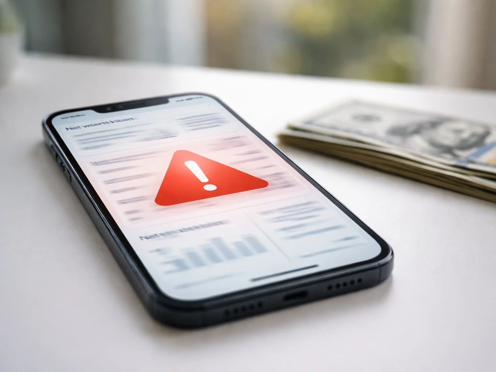 Minimal photo of a smartphone showing an anonymous wealth claim card with a red warning overlay