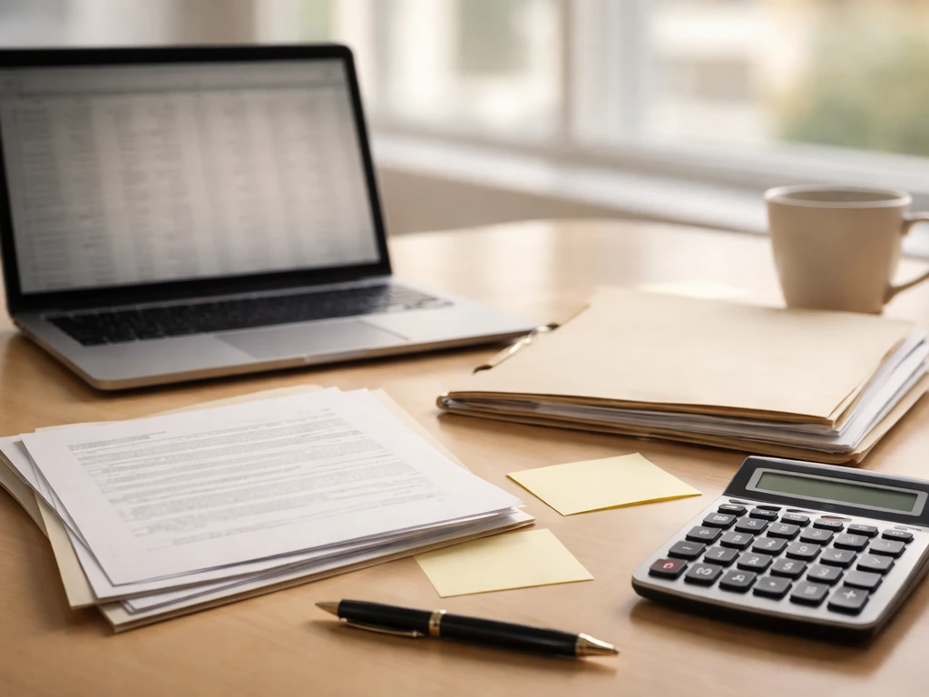 Minimal finance desk scene with laptop, calculator, and unlabeled documents suggesting estimate calculation workflow.