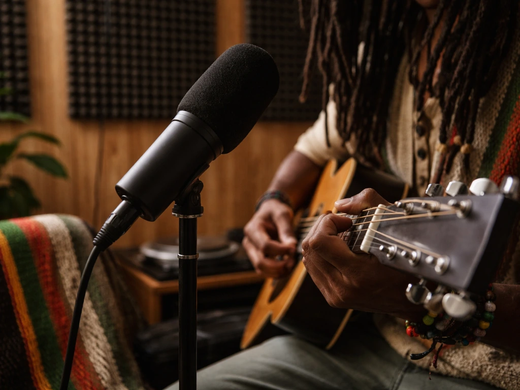 Anonymous reggae musician in a small studio with a microphone, evoking Dominican roots music and professional identity.