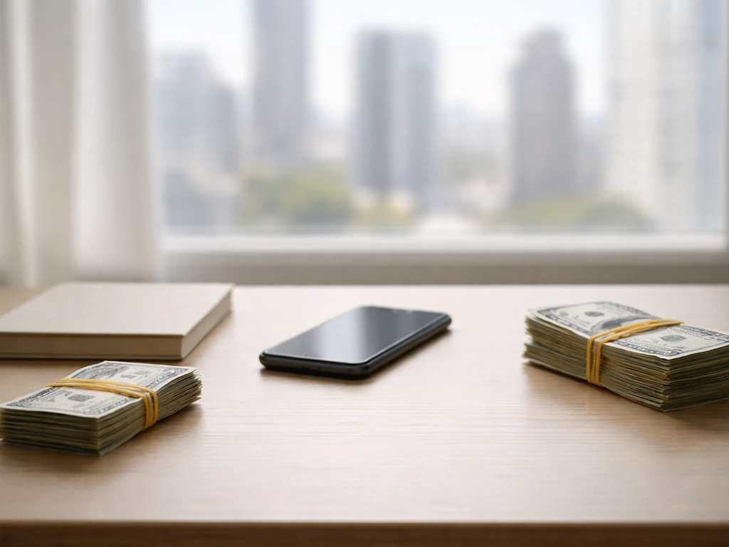 Minimal office scene with a simple money-themed setup symbolizing an estimated net worth range