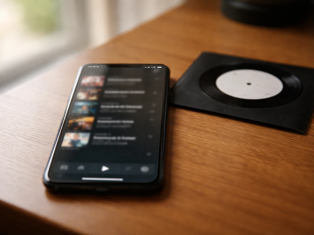 Close-up of a phone and music album thumbnails on a wooden desk, symbolizing streaming royalties.