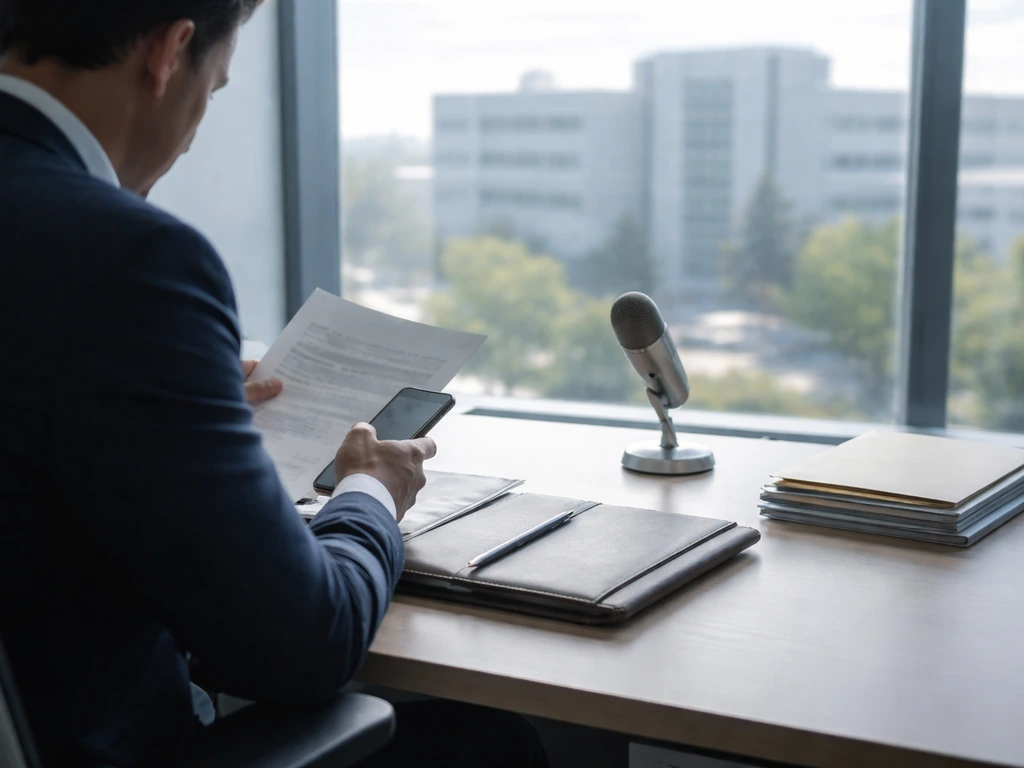Anonymous healthcare executive-style office scene with hospital view, finance folders, and a desk microphone