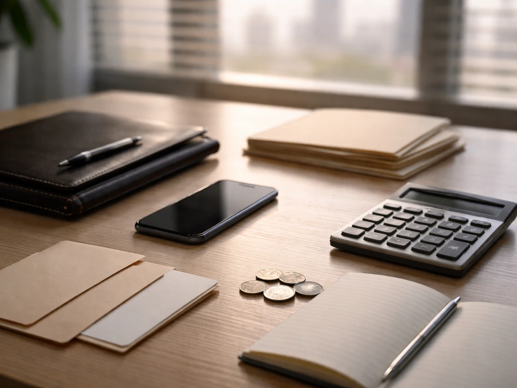Minimal office desk with coins, envelopes, calculator, and blank paperwork suggesting finance and net worth estimates
