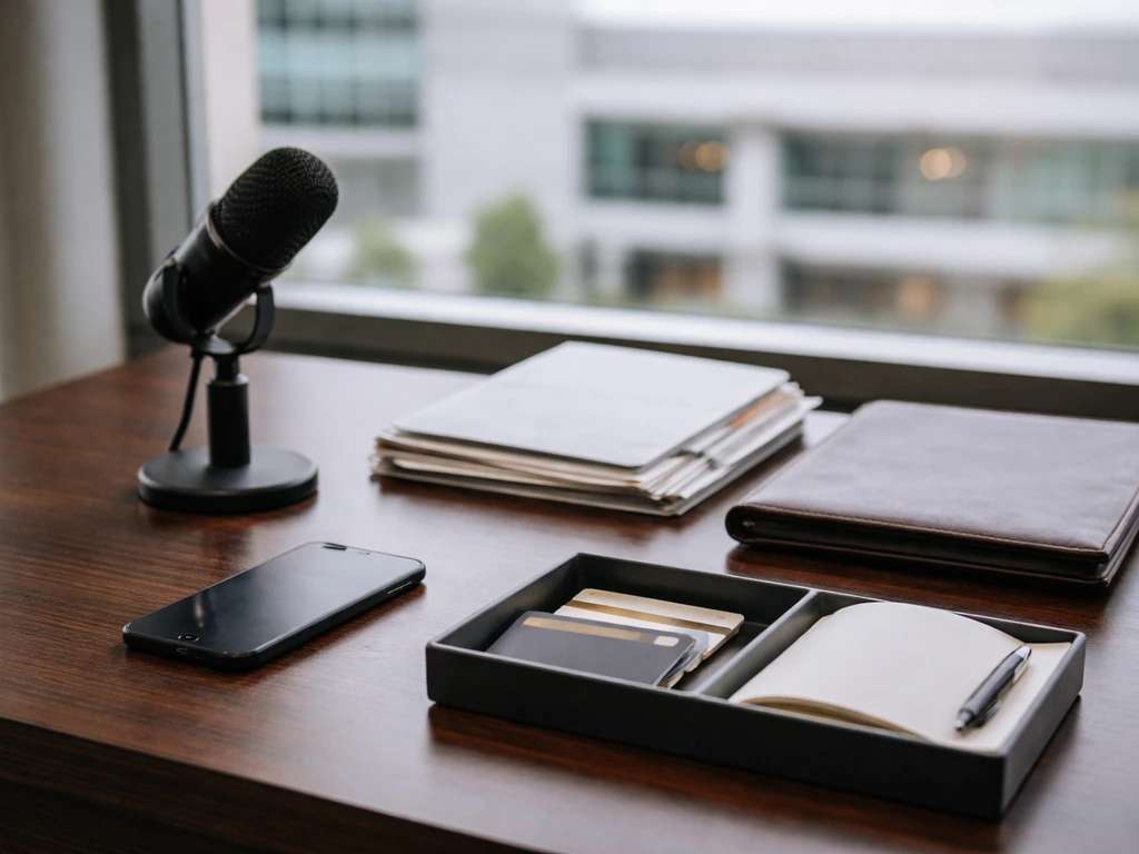 Minimal desk scene with microphone and documents beside a blurred medical office building, symbolizing healthcare career