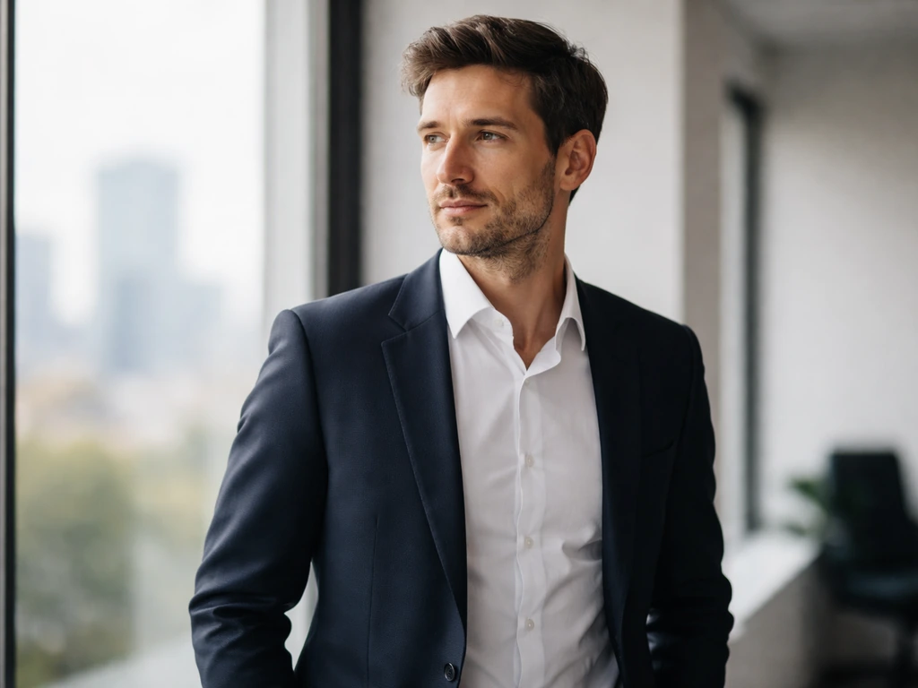 Anonymous French businessman in a dark suit in a quiet modern office with a blurred city view.