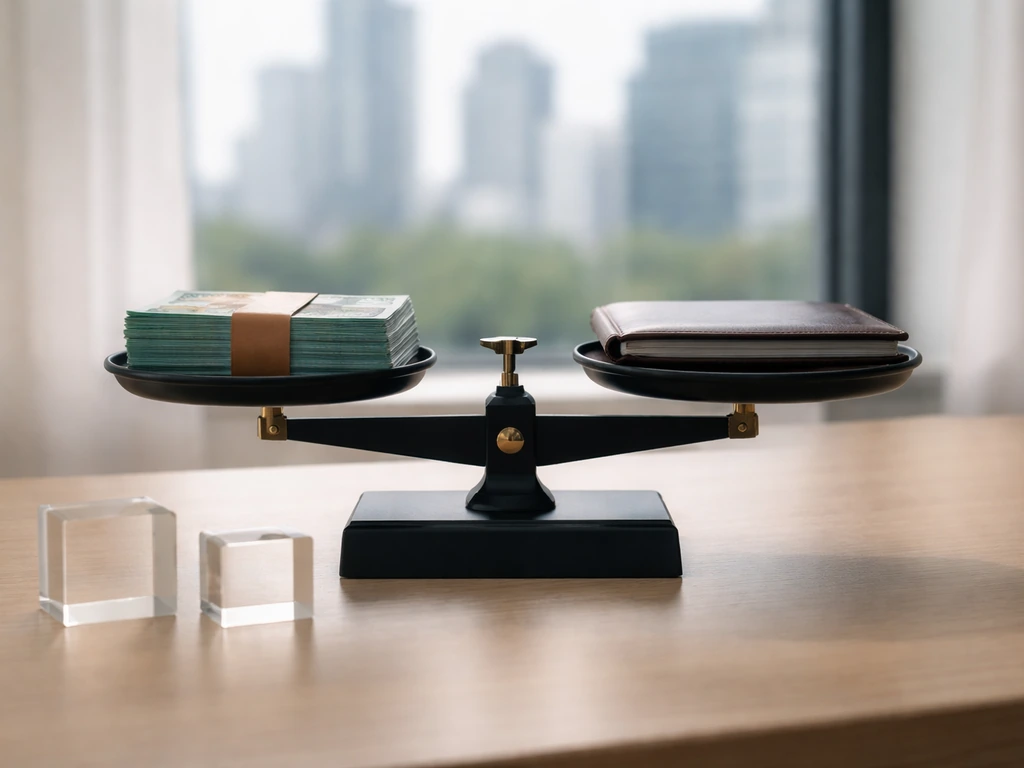 Minimal desk scene with a simple money scale concept suggesting a net worth range.