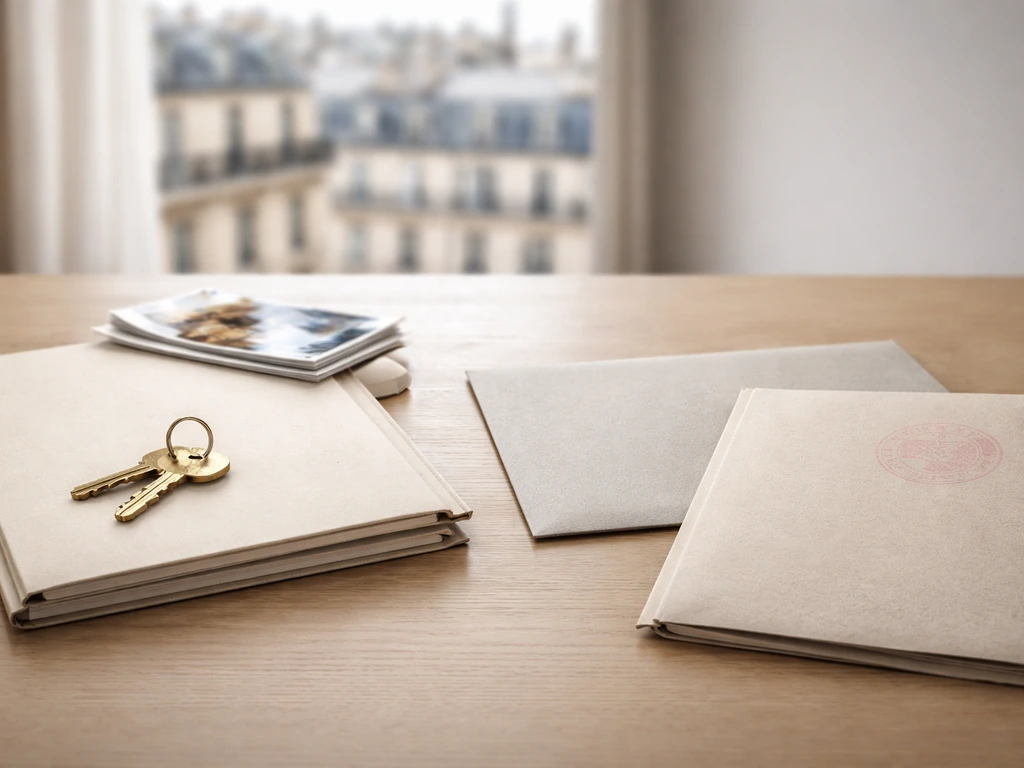 Minimal photo of a French real-estate checklist scene: keys and documents on a Paris apartment table, with a court stamp