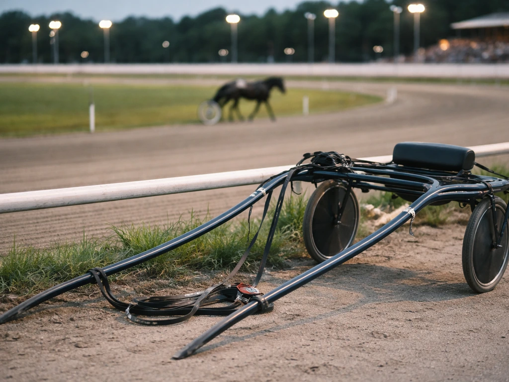 Open road at a harness racing track at dusk with a standardbred sulky and reins, no identifiable driver.