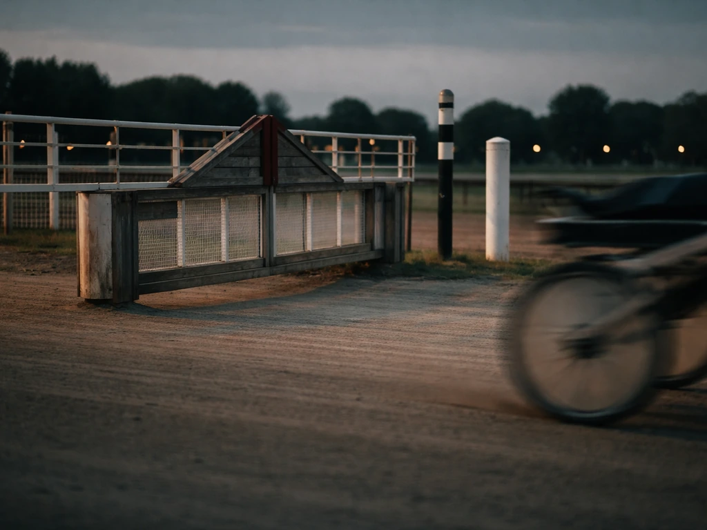 Harness racing track at dusk with empty starting gate and motion blur suggesting speed