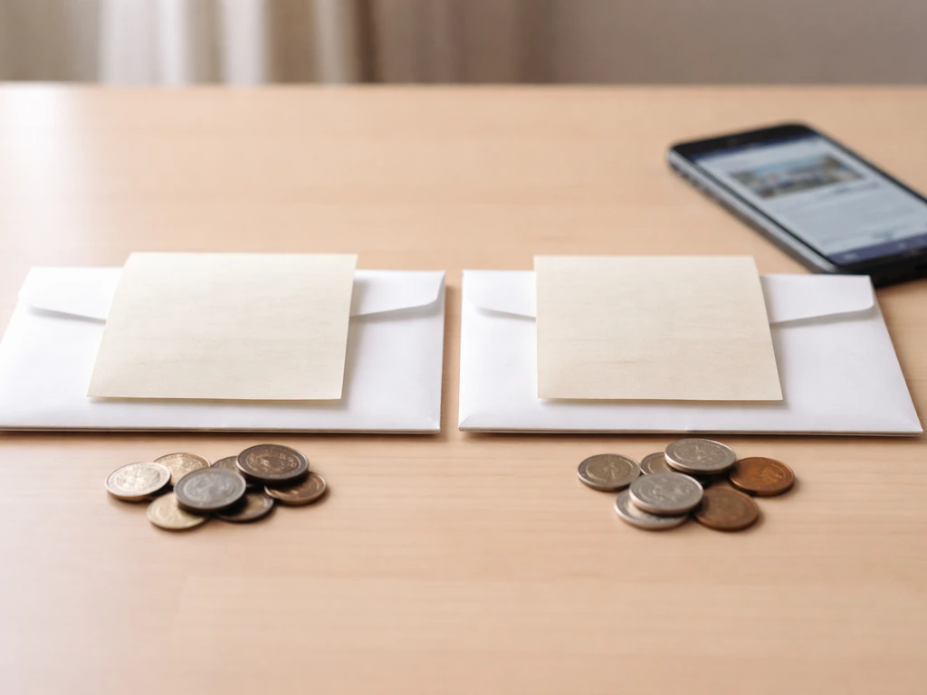 Coins and envelopes on a desk beside a blurred phone screen, symbolizing differing net-worth sources.
