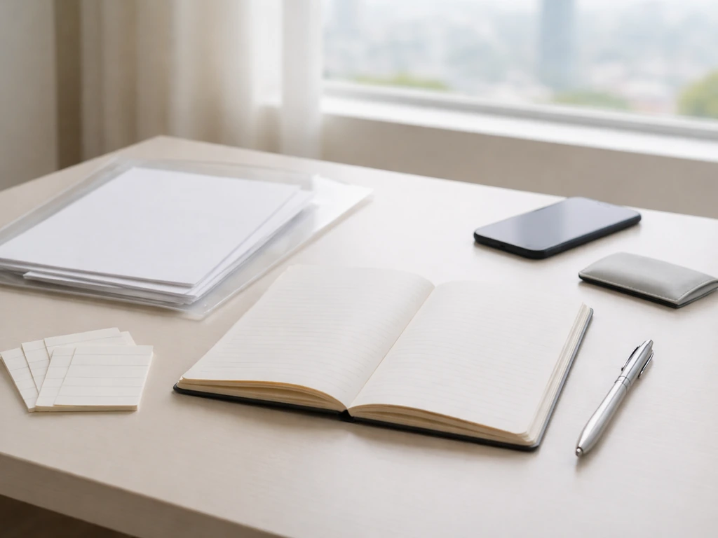 Minimal desk scene with blank notebook and documents suggesting a verification checklist workflow.