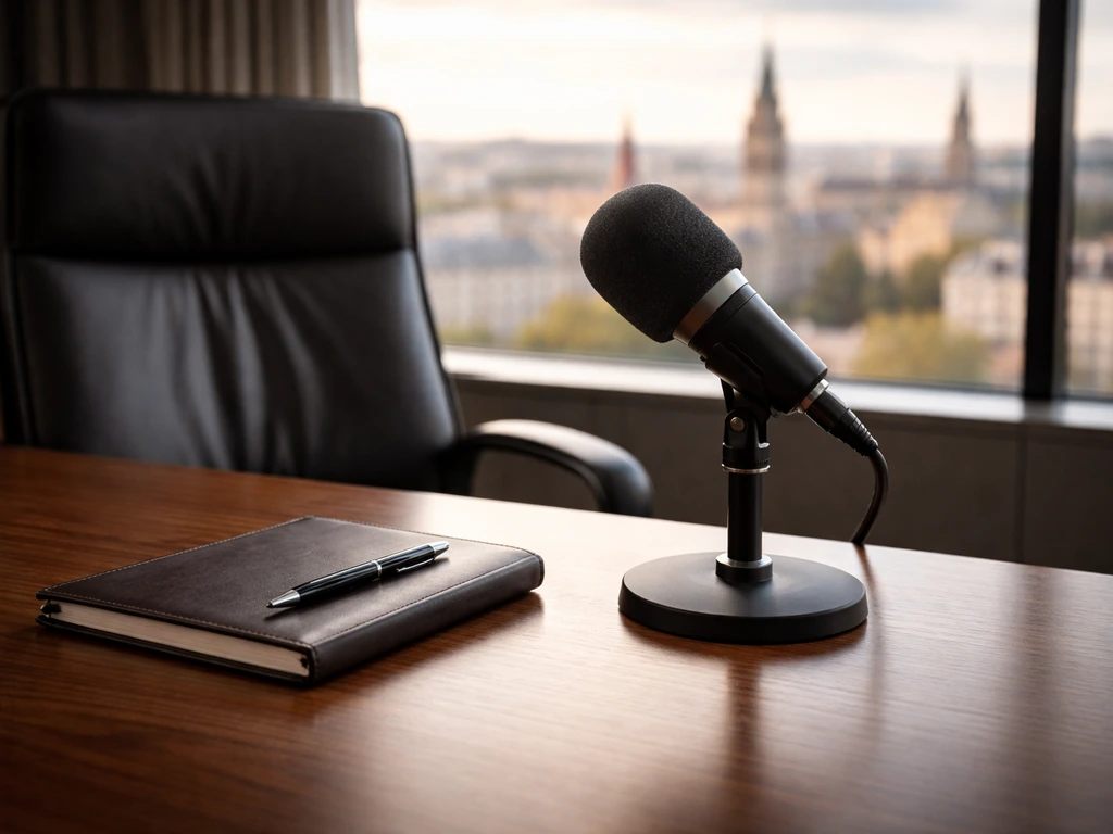 Minimal photo of a modern CEO-style office desk with a microphone and city skyline through a window