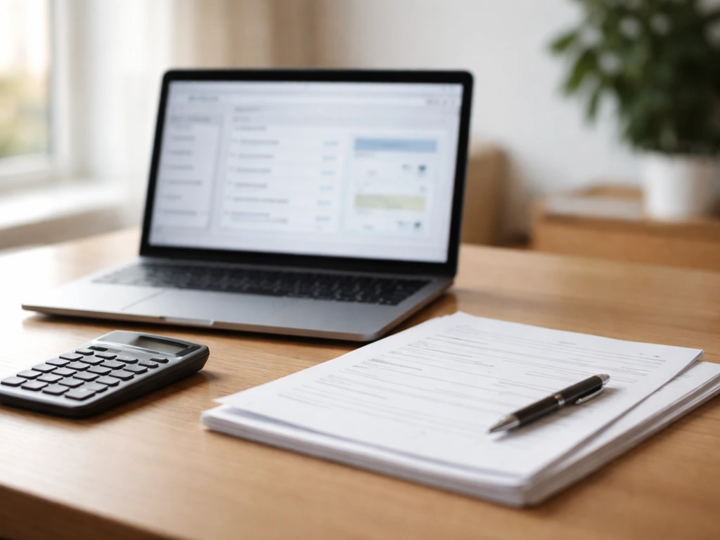 Minimal desk scene with paperwork, a laptop showing anonymous shareholding-style pages, and a calculator for net worth s