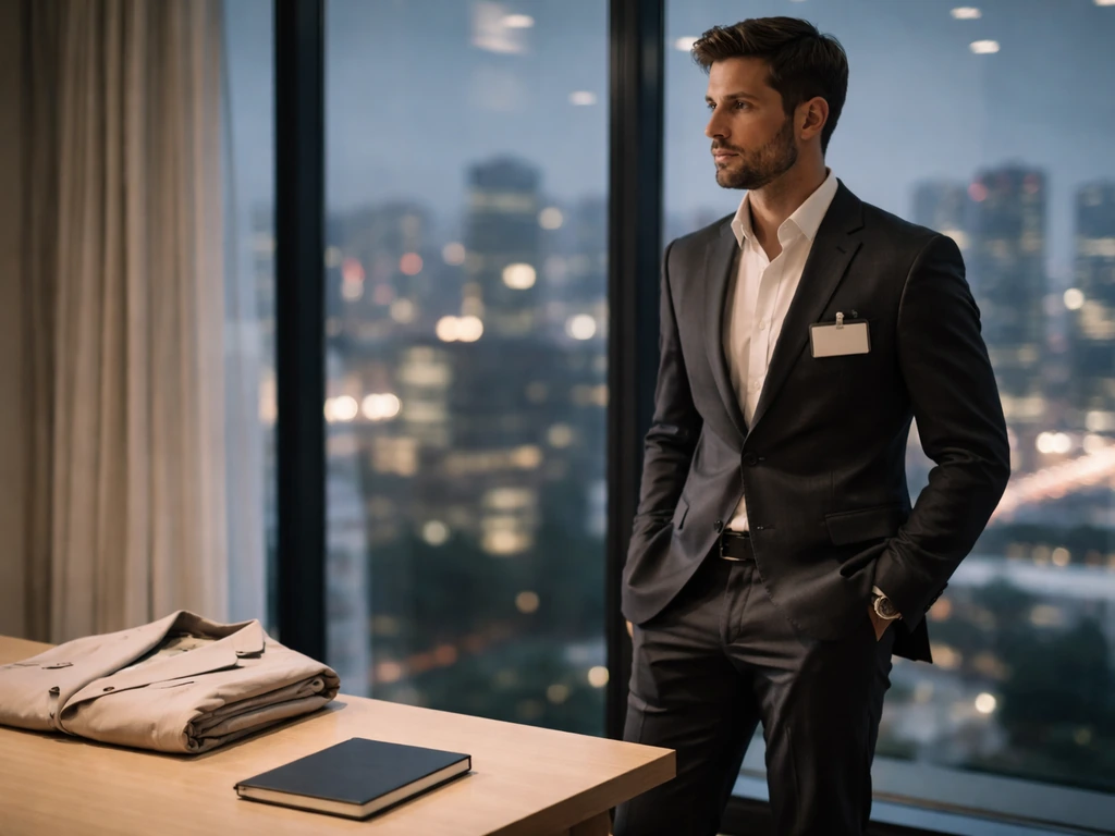Senior fashion executive in a luxury office setting with a tailored blazer and city lights outside
