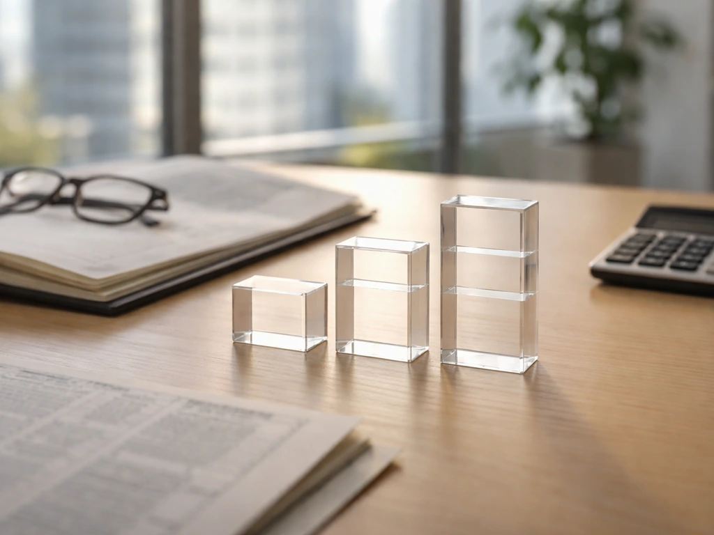 Desk with calculator and notebook; translucent range-like blocks suggest an estimated value band in a business office.