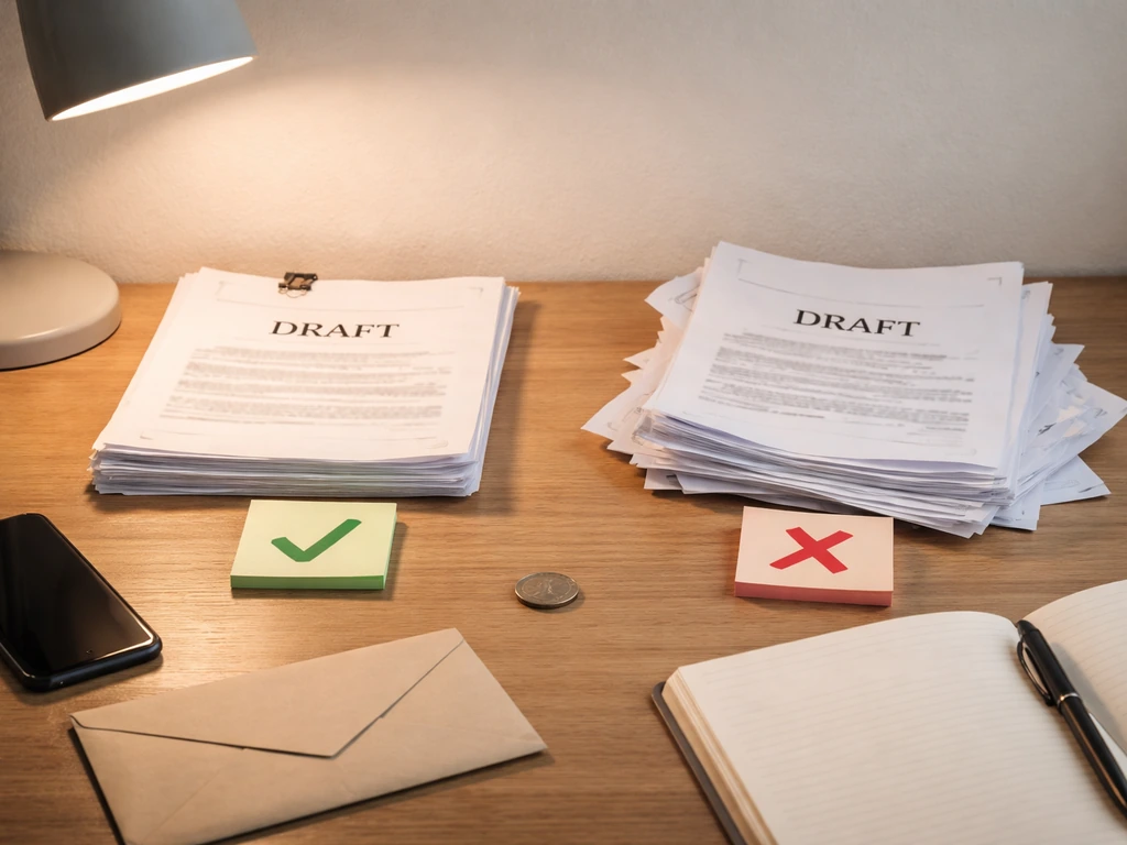 Minimal desk scene with documents, blank notebook, envelope, and green/red check notes symbolizing what to trust.
