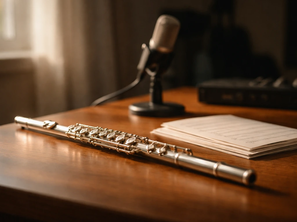 Close view of a silver flute on a studio desk with a microphone blurred in the background.