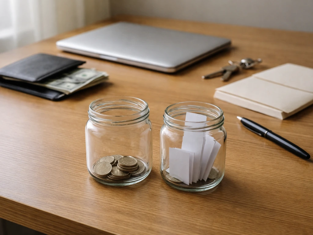 Minimal desk scene with empty jars and objects symbolizing assets vs liabilities for net worth estimation.