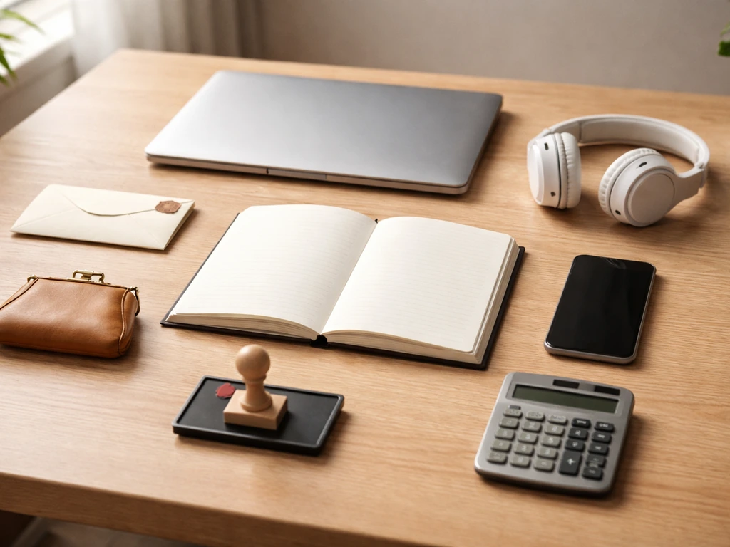 Minimal office desk with papers, calculator, coins, and blank notebook—visual cues for a salary estimate checklist.