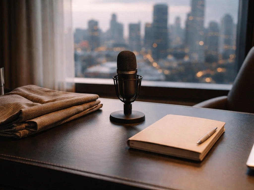 Fashion executive–themed desk scene with a microphone, elegant fabric, and a blurred city skyline at dusk