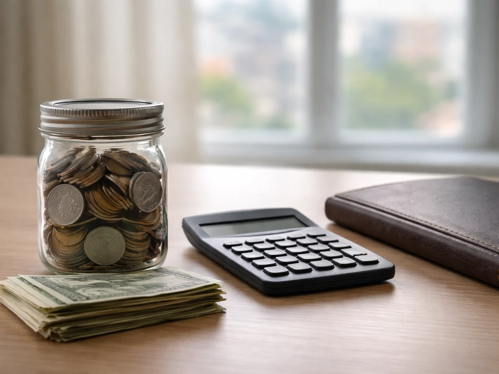Close-up of coins and cash on a desk beside an unmarked calculator, symbolizing a $3M–$5M range.
