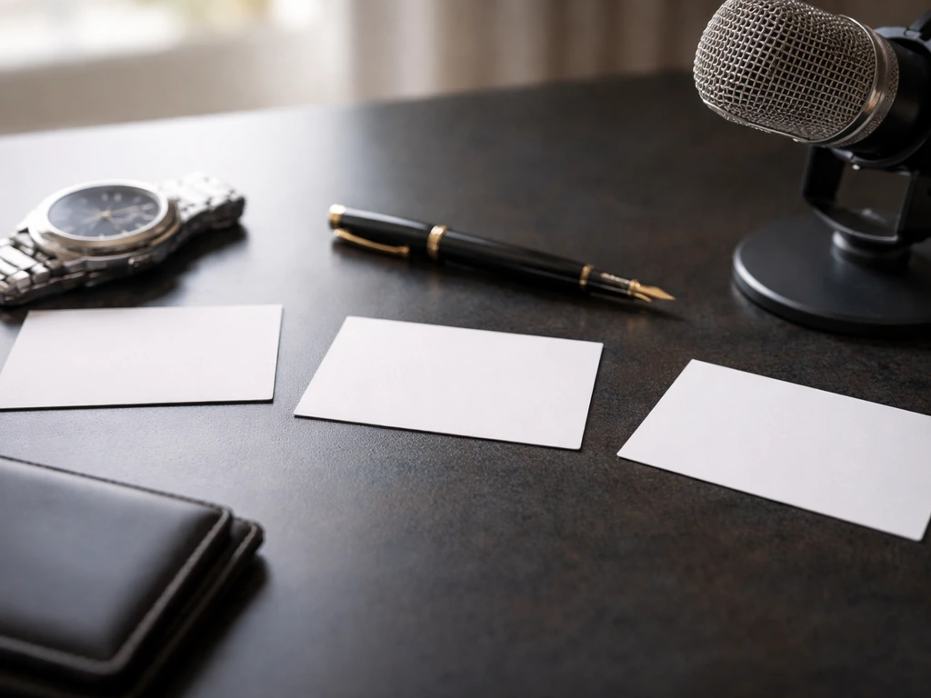 Minimal desk scene with blank category cards, watch, pen, wallet, and a microphone suggesting income drivers.
