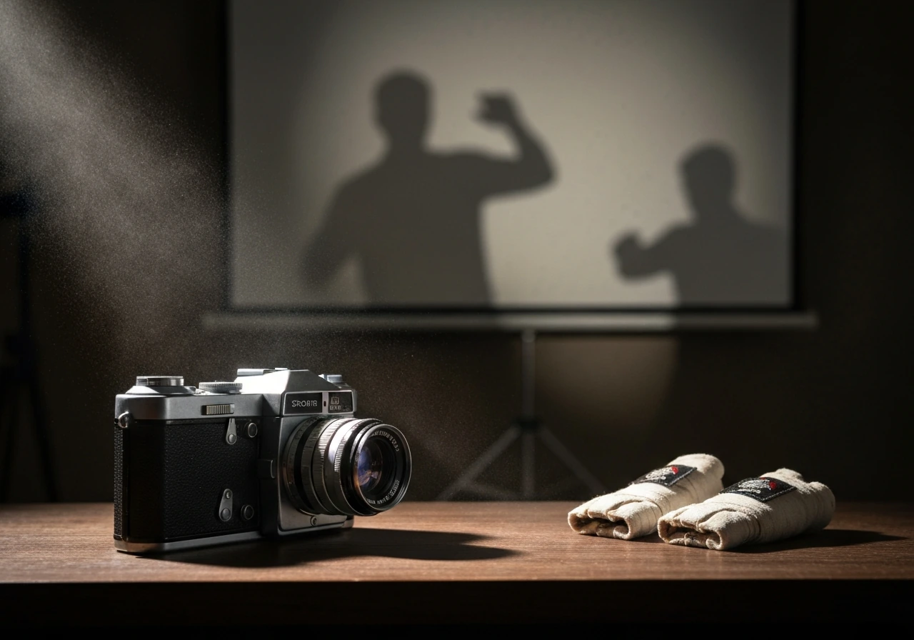 Martial-arts action cinema mood with a worn film camera on a dark studio desk, evoking movie legacy and wealth analysis.