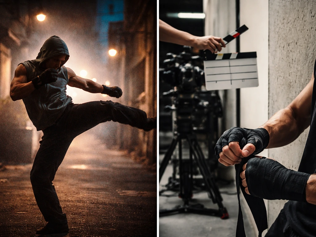 Split view of 1980s film poster still style next to a modern martial-arts film set with a clapperboard