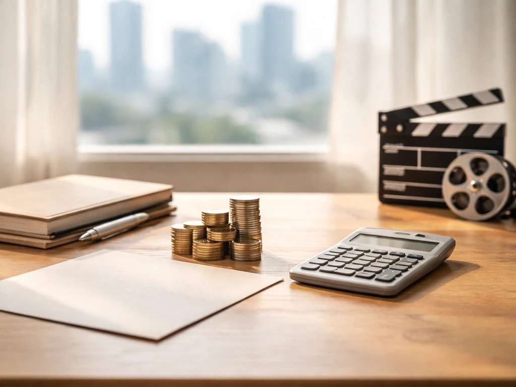 Minimal photo of a quiet desk with a calculator, scattered coins, and a blurred city skyline—symbolic net-worth range.
