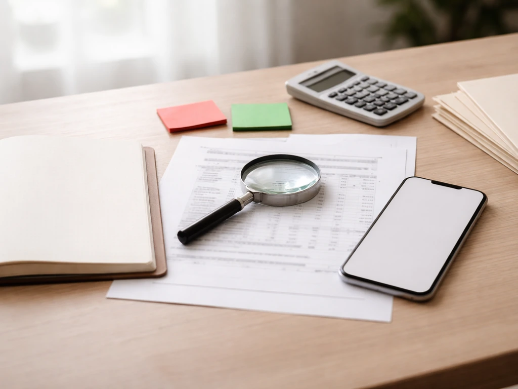 Magnifying glass over generic financial papers on a desk with red and green notes, no text.