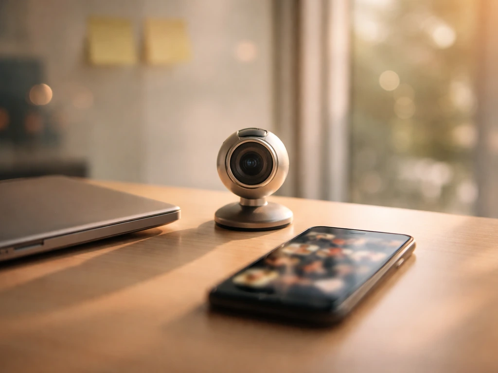 A small startup desk with a webcam and blurred video-call screen, warm natural light.