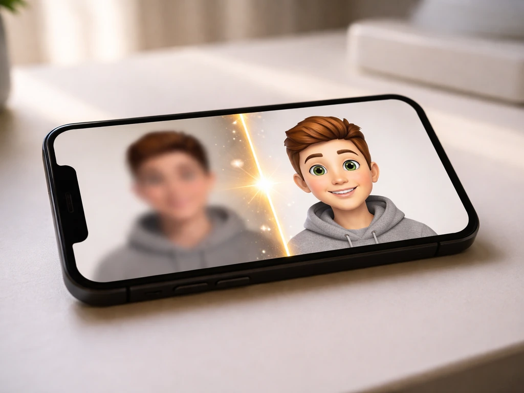 Close-up of a smartphone screen showing an anonymous selfie turning into a colorful emoji avatar