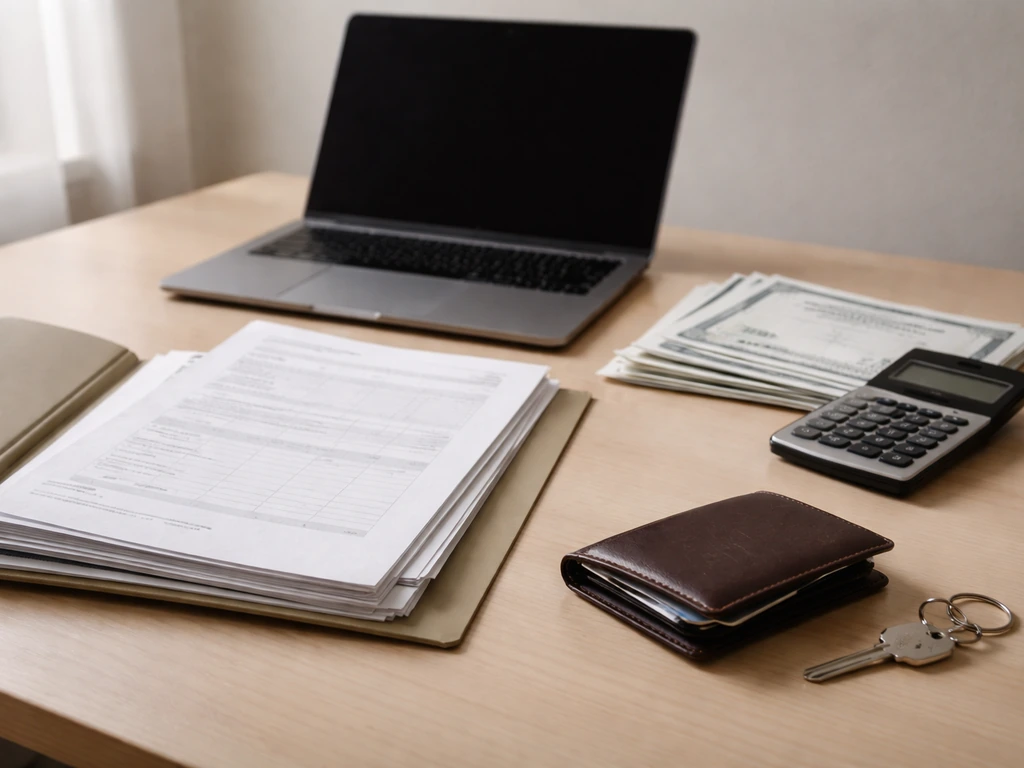 Minimal desk scene with blank financial documents, investment papers, and calculator suggesting assets minus liabilities