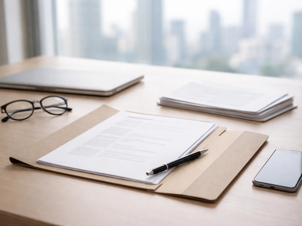 Minimal desk with open folder and document pages, symbolic verification workflow for finance estimate checks.