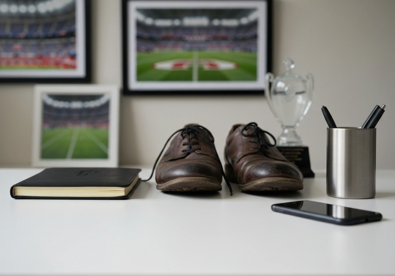 Minimal desk scene with notebook, pen, and trophy ornament suggesting career earnings timeline—no person shown.